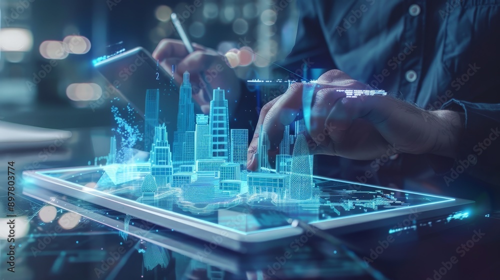 Fototapeta premium Illustrate an architect working on a digital tablet, creating a 3D rendering of a futuristic cityscape. Emphasize the integration of technology in modern architectural design