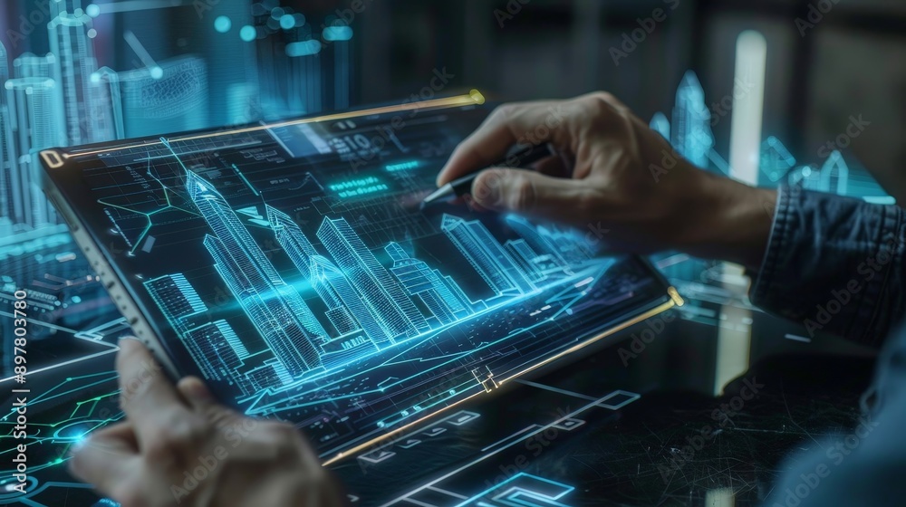 Illustrate an architect working on a digital tablet, creating a 3D rendering of a futuristic cityscape. Emphasize the integration of technology in modern architectural design Illustrate an architect working on a digital tablet, creating a 3D rendering of a futuristic cityscape. Emphasize the integration of technology in modern architectural design