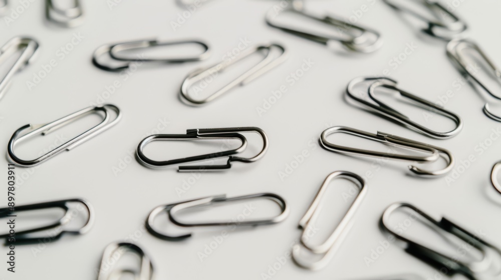 Several metal paperclips are laying on a white surface, providing a sense of organization and office work Several metal paperclips are laying on a white surface, providing a sense of organization and office work
