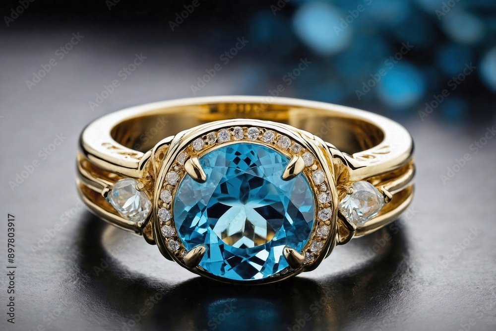 Topaz Ring: A close-up shot of a topaz ring placed on a sleek, neutral surface such as white marble or matte black. Topaz Ring: A close-up shot of a topaz ring placed on a sleek, neutral surface such as white marble or matte black.