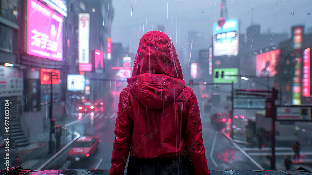 Person in red jacket and hood standing in the rain at night looking down on a city street, urban neon lights signs traffic in a downtown environment Person in red jacket and hood standing in the rain at night looking down on a city street, urban neon lights signs traffic in a downtown environment