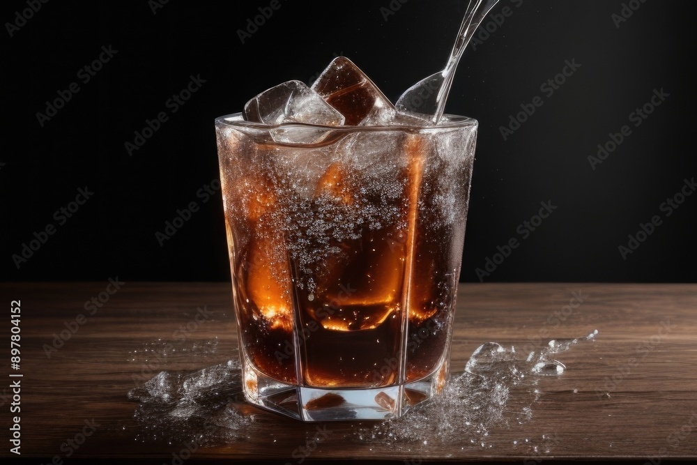 cola with splash and ice cubes over a dark background cola with splash and ice cubes over a dark background