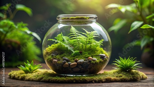 Miniature ecosystem within a glass container featuring lush green moss, tiny pebbles, and delicate ferns, evoking a sense of enchanting tranquility and mystique. photo