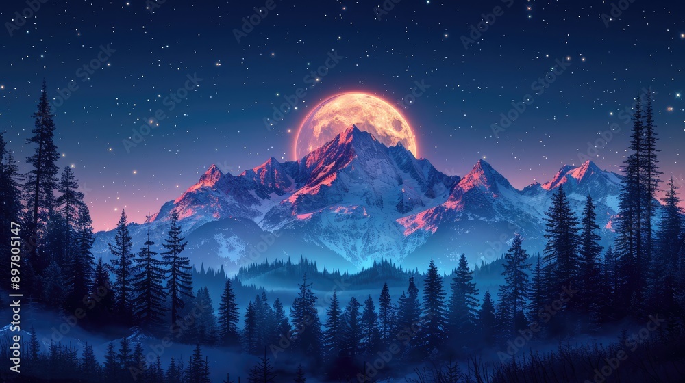 Moonlit mountain landscape with a starry sky