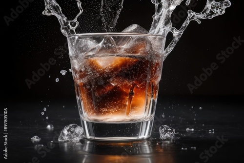 cola with splash and ice cubes over a dark background