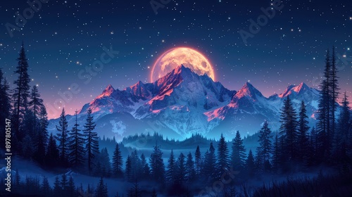 Obraz na płótnie Moonlit mountain landscape with a starry sky w salonie