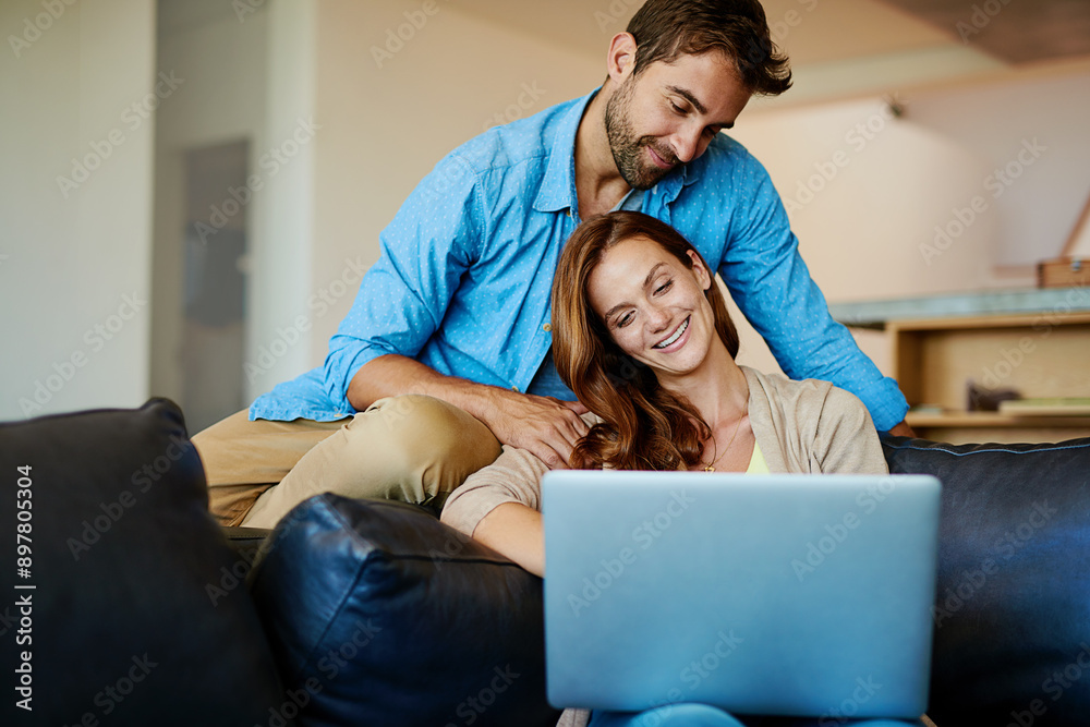 Couple, laptop and happy on sofa in home with social media scroll, relax and watching movie with bonding. People, technology and smile on couch in living room with online streaming and affection