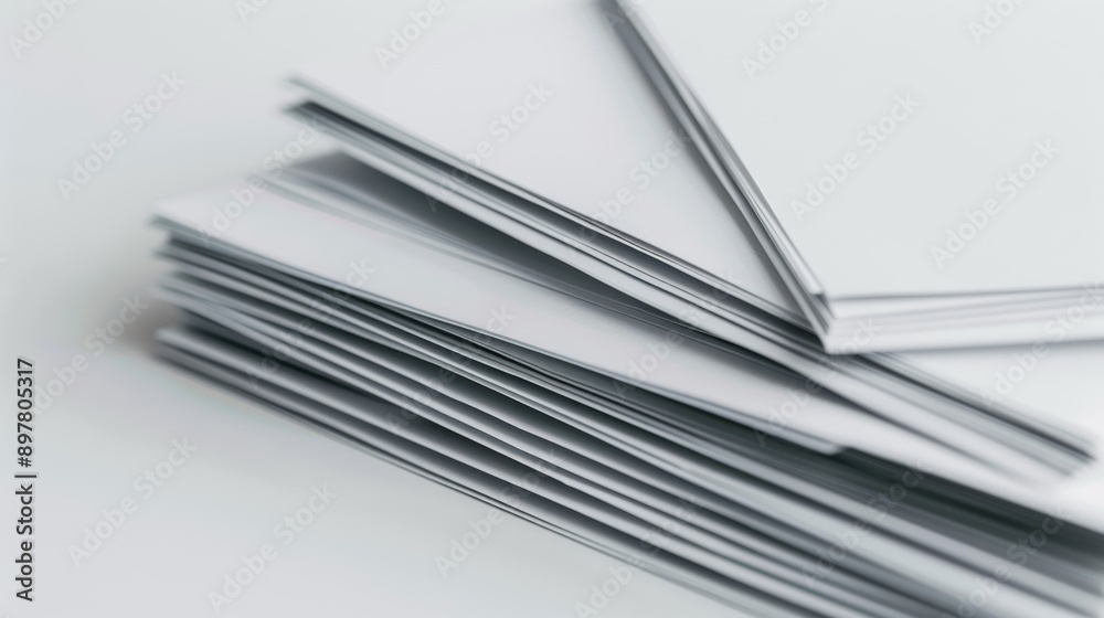 Pile of blank white paper sheets is placed on a white table, giving off a minimalist and professional vibe Pile of blank white paper sheets is placed on a white table, giving off a minimalist and professional vibe