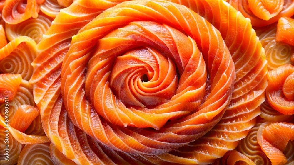 Swirling arrangement of smoked salmon slices creates visually appealing abstract composition showcasing rich textures and vibrant shades of orange and pink.