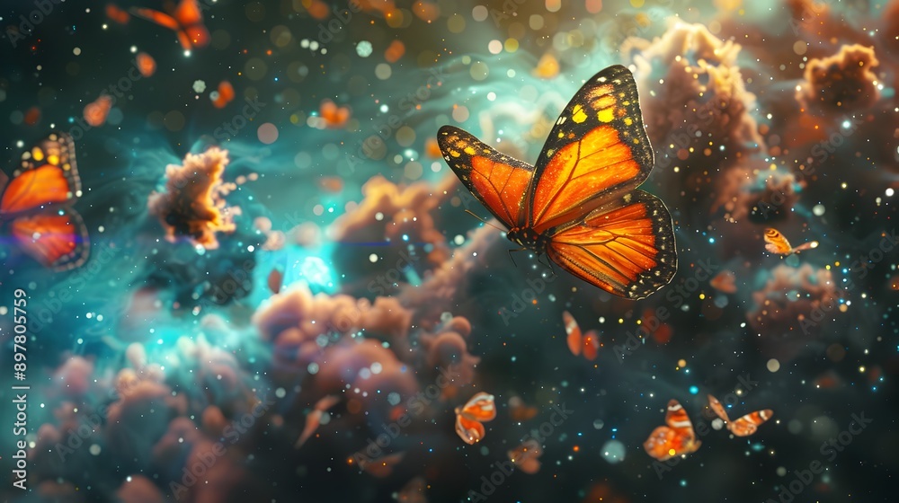 Exotic Butterfly in Microgravity Space Garden with Cosmic Atmospheric Elements Exotic Butterfly in Microgravity Space Garden with Cosmic Atmospheric Elements