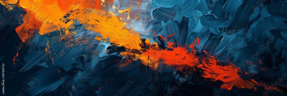An abstract painting with vibrant blue, orange, and red strokes blending dynamically, creating a lively composition