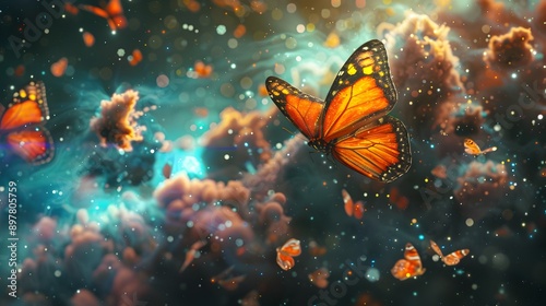 Exotic Butterfly in Microgravity Space Garden with Cosmic Atmospheric Elements