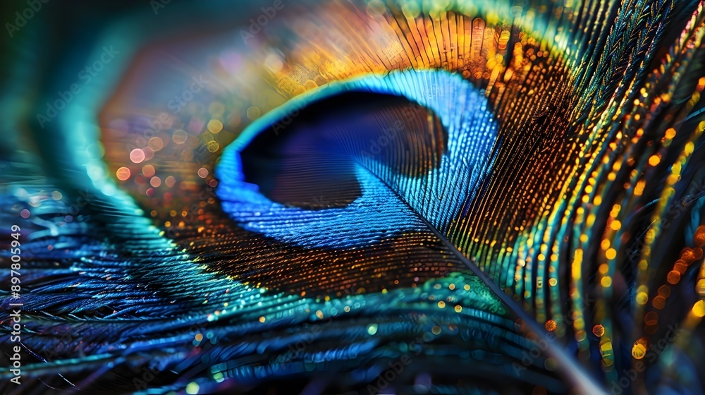 Naklejka premium Mesmerizing Iridescent Peacock Feather in Exquisite Close-Up