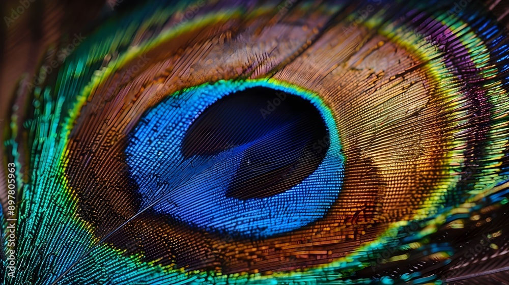 Fototapeta premium Exquisite Closeup of Iridescent Peacock Feather,Minute Barbules in Tack-Sharp Focus