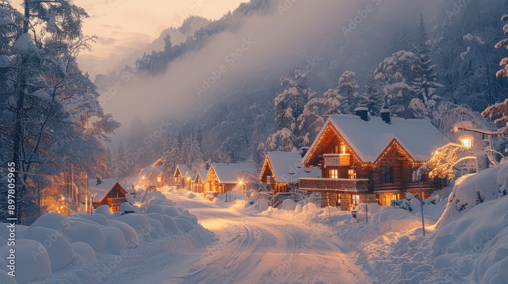 Mountain village covered in fresh snow