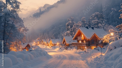 Obraz na płótnie Mountain village covered in fresh snow w salonie