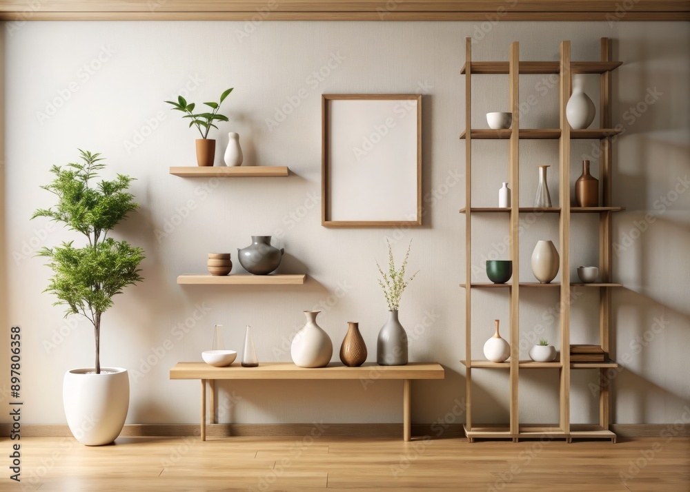 Simple yet elegant Japandi-inspired interior showcases a minimalist wall with floating shelves holding a curated collection of exquisite vases, accompanied by an empty vertical frame. Simple yet elegant Japandi-inspired interior showcases a minimalist wall with floating shelves holding a curated collection of exquisite vases, accompanied by an empty vertical frame.