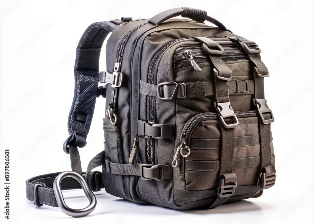 Rugged black tactical backpack displays an impressive harness system featuring metal rings and durable plastic carabiners, perfect for extreme adventure and utility applications. Rugged black tactical backpack displays an impressive harness system featuring metal rings and durable plastic carabiners, perfect for extreme adventure and utility applications.