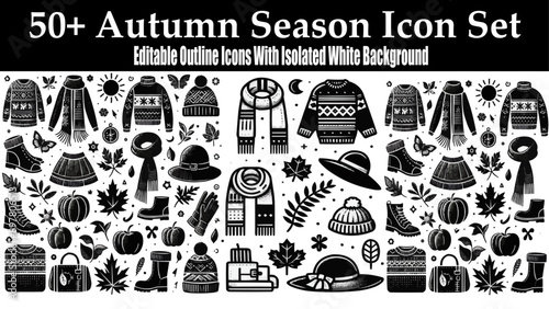 Autumn Season Icon Set. Sweater, scarf, hat, boots, gloves Vector in black and white background