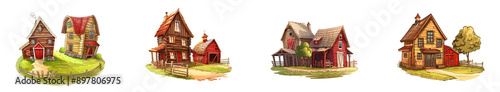 Four Cute Cartoon Farmhouses on Isolated Backgrounds