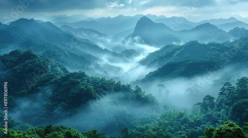 Obraz na płótnie Mountains shrouded in morning mist w salonie