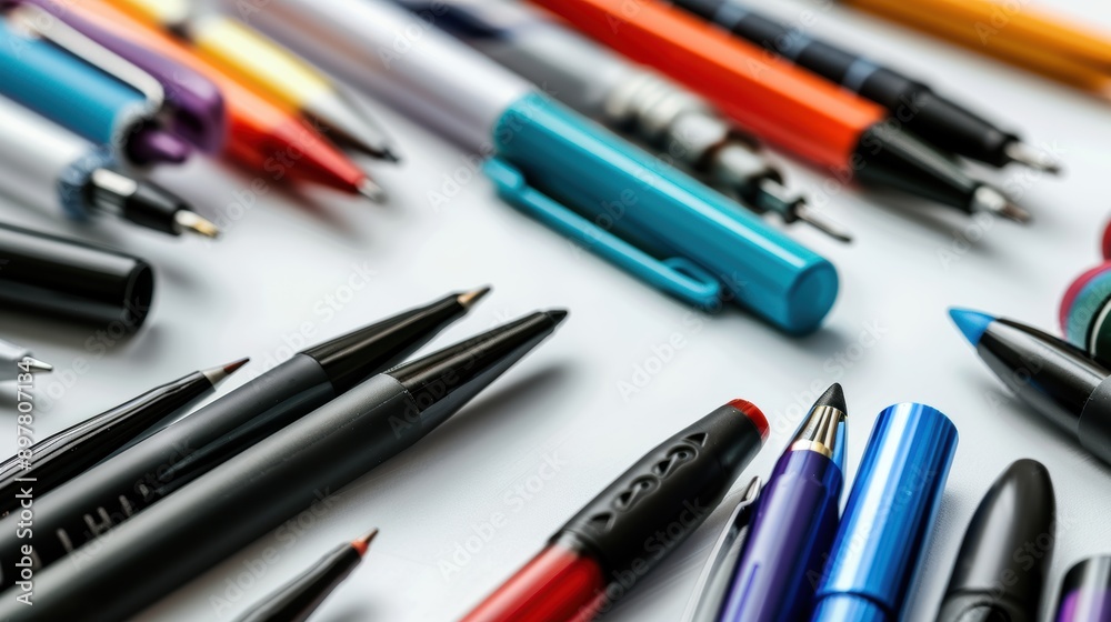 Various vibrant pens create an abstract backdrop on a white desk Various vibrant pens create an abstract backdrop on a white desk