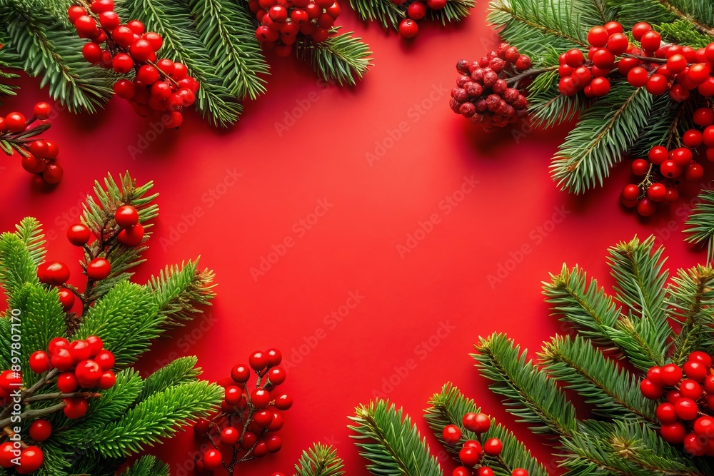 Vibrant red festive background adorned with lush fir branches, rowan berries, and verdant foliage, perfect for New Year's greetings, with ample copy space for text overlay. Vibrant red festive background adorned with lush fir branches, rowan berries, and verdant foliage, perfect for New Year's greetings, with ample copy space for text overlay.