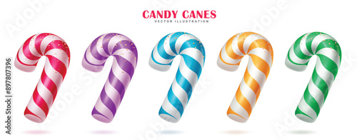 Christmas candy cane balloons vector set design. Candy cane balloon elements in colorful inflatable xmas gold ornaments for holiday season objects collection. Vector illustration  traditional balloon 