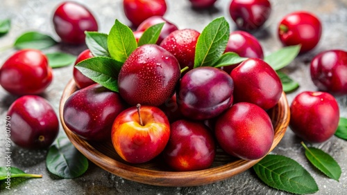 High-quality image of fresh red plums with green leaves arranged on a light background, showcasing their natural freshness.