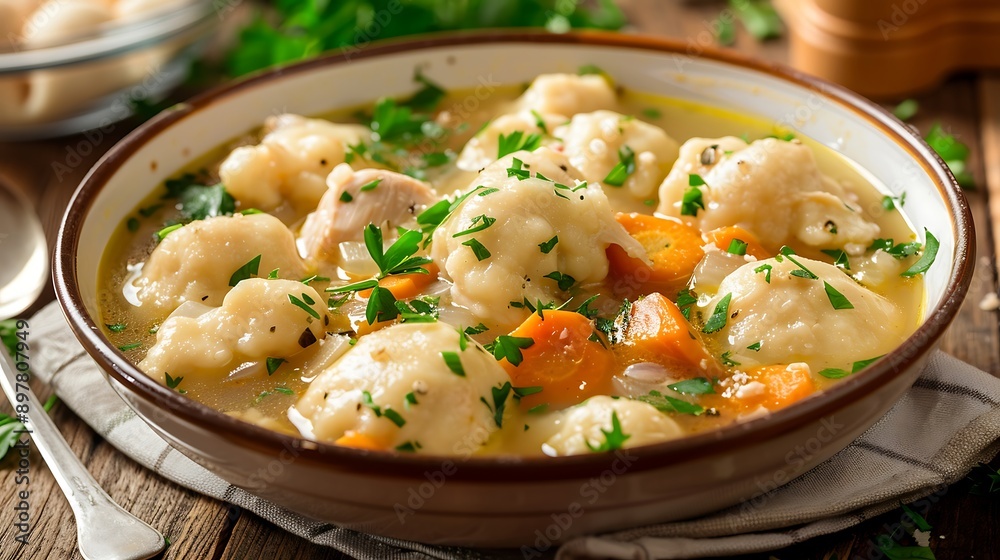 Chicken soup with dumplings in a bowl Chicken soup with dumplings in a bowl