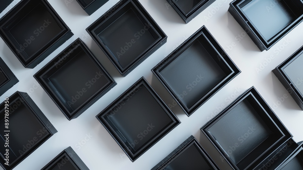 Fototapeta premium Empty square black boxes create a geometric design on a white surface, ready to be filled