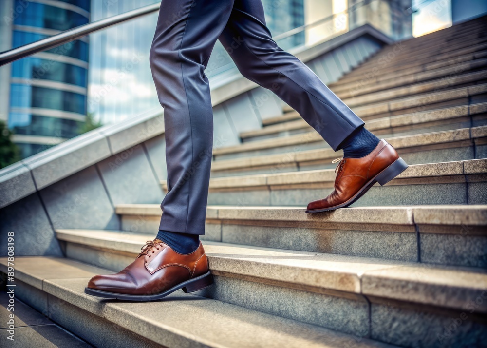 Rapidly ascending stairs, sleek leather oxfords with polished laces blur as they swiftly climb, conveying ambition, speed, and determination in a high-stakes corporate environment. Rapidly ascending stairs, sleek leather oxfords with polished laces blur as they swiftly climb, conveying ambition, speed, and determination in a high-stakes corporate environment.