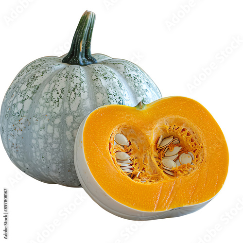 Fresh pumpkin halved, showcasing its vibrant orange flesh and seeds, perfect for autumn recipes and decorations.