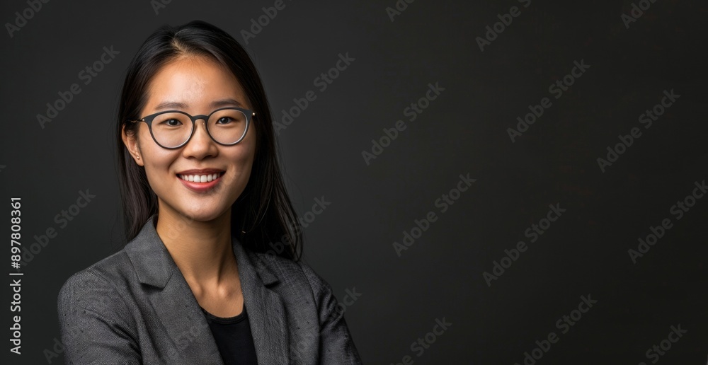 Close-up portrait of a happy attractive young asian businesswoman in eyeglasses on black background. Beautiful model girl looks at the camera. Horizontal banner with copy space. Close-up portrait of a happy attractive young asian businesswoman in eyeglasses on black background. Beautiful model girl looks at the camera. Horizontal banner with copy space.