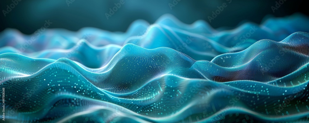Abstract 3d blue flow wave on dark background. Digital technology data structure. Future mesh or soundgrid. Futuristic modern trendy horizontal banner with copy space. Abstract 3d blue flow wave on dark background. Digital technology data structure. Future mesh or soundgrid. Futuristic modern trendy horizontal banner with copy space.