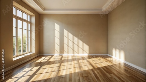 minimalistic beige room wood floor background ,light and intricate shadow from the window. © kaitisak03