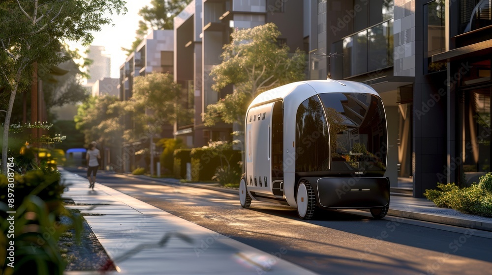 A futuristic autonomous delivery vehicle smoothly navigating through a residential area, demonstrating advanced logistics. A futuristic autonomous delivery vehicle smoothly navigating through a residential area, demonstrating advanced logistics.