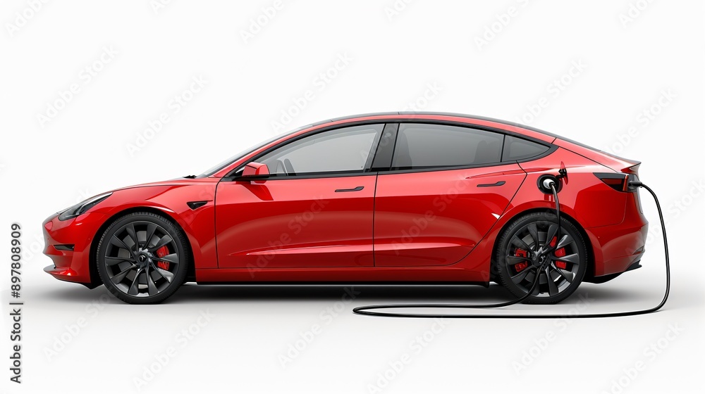 3D electric car with charging cable on a white background 3D electric car with charging cable on a white background