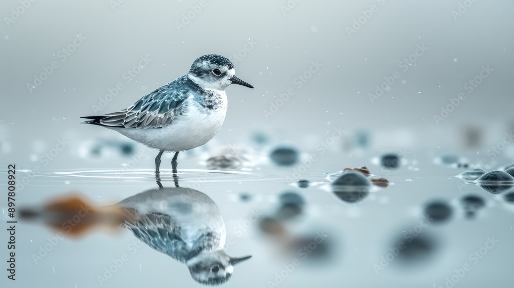 Photograph a bird standing in shallow water, capturing its reflection