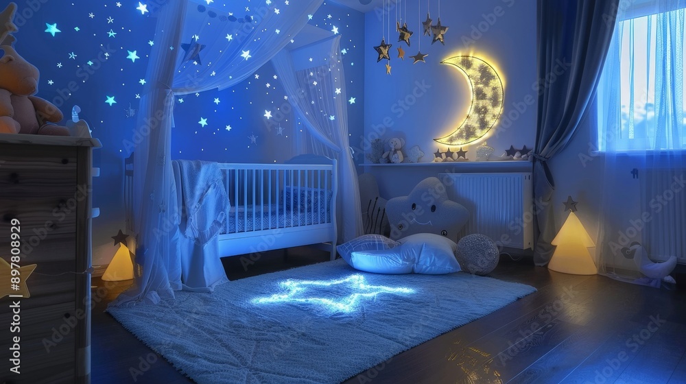 A baby room with a celestial theme, showcasing a crib with starry bedding, glow-in-the-dark stars on the ceiling, and a moon-shaped nightlight. The dreamy decor and soft lighting create a magical 