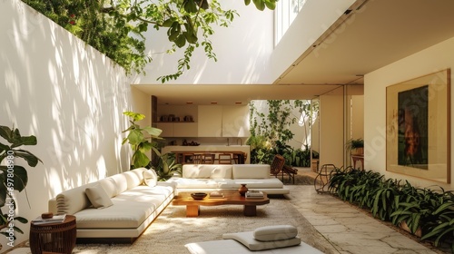 A beautifully designed living room by Luis Barragan, enclosed by lush greenery. The white walls and cosy warm lights enhance the modern furniture, creating a serene ambiance.  photo