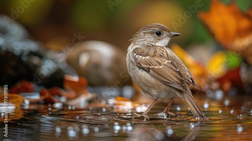 Photograph a bird standing in shallow water, capturing its reflection