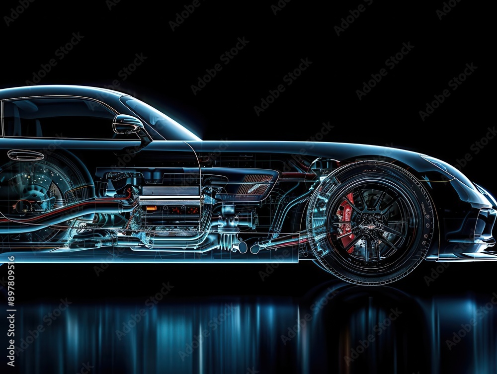 Obraz premium Design an xray style image of a roadster, showing the intricate details of its engine and chassis