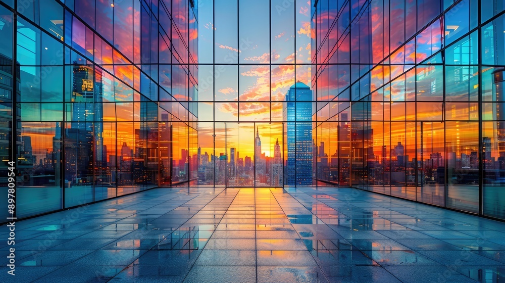 Photograph a building's glass facade reflecting another building.