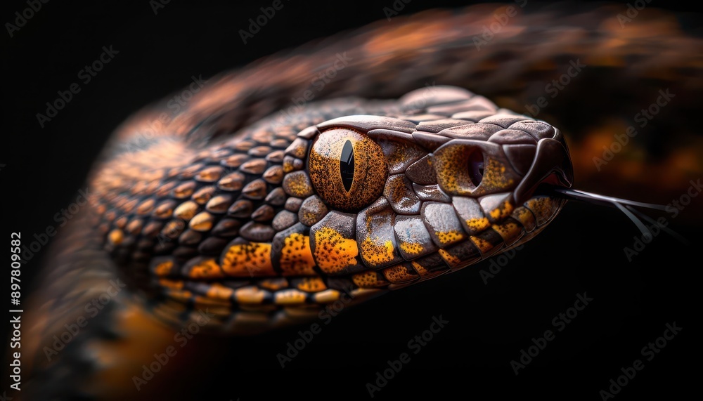 Illustrate a closeup of a rattlesnakes head and fangs, centered on a black background, ideal for a banner with text overlay Illustrate a closeup of a rattlesnakes head and fangs, centered on a black background, ideal for a banner with text overlay