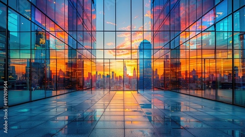 Obraz na płótnie Photograph a building's glass facade reflecting another building. w salonie