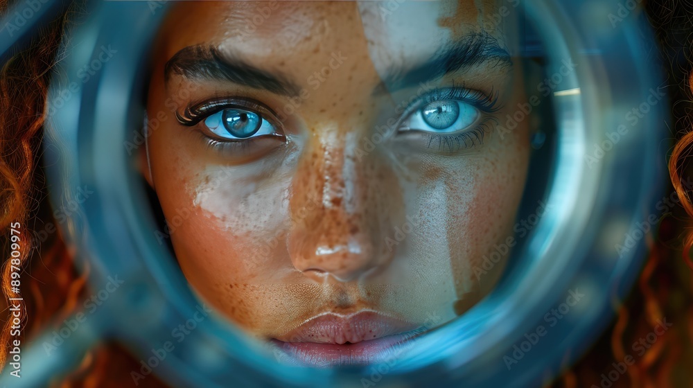 Photograph a person looking into a mirror, capturing both their face and reflection.