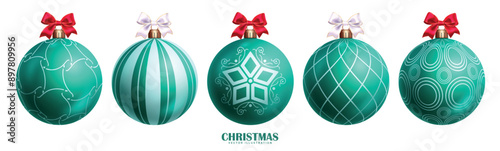 Christmas green balls vector set design. Christmas ball with elegant pattern, stripe print, checkered and star in round shape xmas ornaments collection. Vector illustration bauble elements set. 
