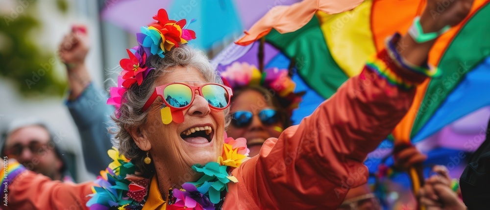 Elderly LGBTQ individuals celebrating at a colorful street parade highlighting their vibrant community spirit Elderly LGBTQ individuals celebrating at a colorful street parade highlighting their vibrant community spirit