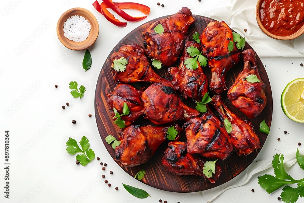 Board and plate of tasty Tandoori Chicken with on white background. Board and plate of tasty Tandoori Chicken with on white background.